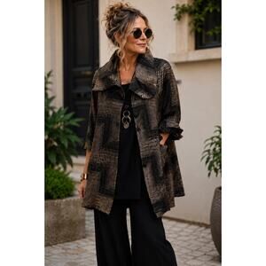 Damee Inc Geometric Swing Jacket Bronze Black Lightweight Artistic Boho Luxe S
